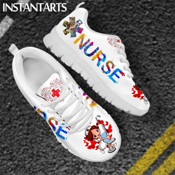 INSTANTARTS Sevimli Hastane Karikatür Hemşire Kız Desen Sneakers Ayakkabı Kadınlar için Nefes Lace up düz ayakkabı Konfor Zapatillas