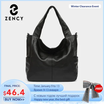 Zency 100 % Doğal Deri Zarif Kadın omuzdan askili çanta Klasik Siyah Tote Hobos Günlük Rahat alışveriş çantası Bayan Crossbody Kahve