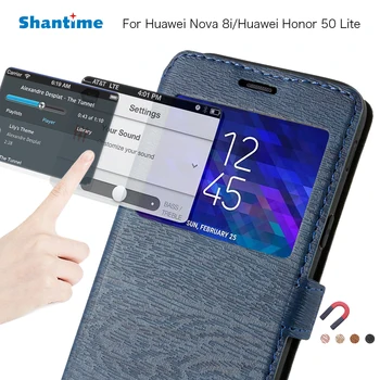 PU deri telefon kılıfı İçin Huawei Nova 8i Flip Case Huawei Onur 50 Lite İçin Görünüm Penceresi Kitap Durumda Yumuşak TPU Silikon arka kapak