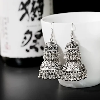 Vintage Tibet Takı Gümüş Renk İki Çan Püskül Damla Küpe Okside Oyma Türk Jhumka Küpe