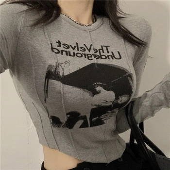 Grafik Baskı Kırpılmış Üstleri 90s Vintage Kadınlar Uzun Kollu Sıska T-shirt Y2K Kadın Sonbahar Temel Tees Harajuku Streetwear