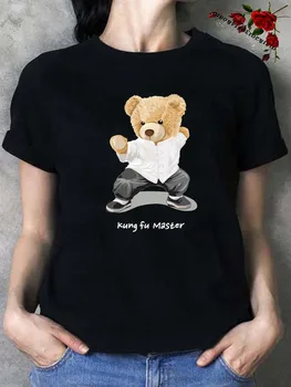Çin Kung Fu Ayı Baskılı Tişört Kadın Yaz Kısa Kollu günlük t-shirt Unisex Tees Tops Karikatür Harajuku T Shirt Kadın