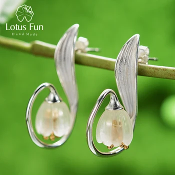 Lotus Eğlenceli Gerçek 925 Ayar Gümüş El Yapımı Güzel Takı Doğal Kristal vadi zambağı Çiçek Dangle Küpe Kadınlar için