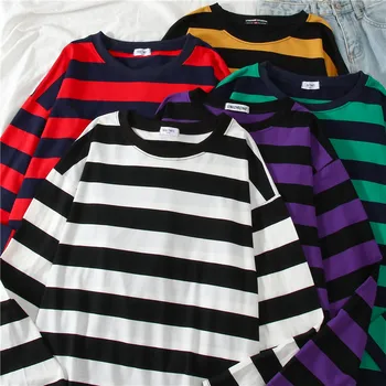5 Renkler Kadınlar Pamuk Mor Çizgili Üstleri Slim fit T Gömlek Harajuku Tişört Yaz Uzun Kollu Kore Feminina Büyük Boy T Shirt