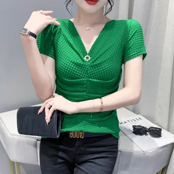#6871 Siyah Yeşil Örgü T Shirt Yaz Seksi V Yaka Yüksek Kalite Moda Kısa Tshirt Streetwear Tee Sıska Kat Kore Tarzı 