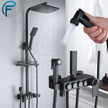 Siyah Termostatik Banyo Duş Bataryası Seti, Sıcak Soğuk Duş Mikser Vinç, dijital Ekran Duş Musluk, Duş Musluk F6041HW