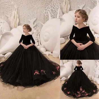 2022 Yeni Çocuk Elbise Kız Zarif Uzun Balo Siyah Nakış Tül Abiye Çocuk Sahne Elbise 8 Sınıf Mezuniyet Elbiseleri