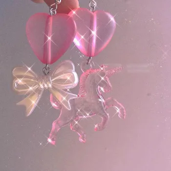 Harajuku Tatlı Peri Akrilik Pembe Şeftali Kalp Unicorn Dangle Küpe Kızlar Kadınlar için Hediye Sevimli Aşk İlmek Küpe Takı Y2K