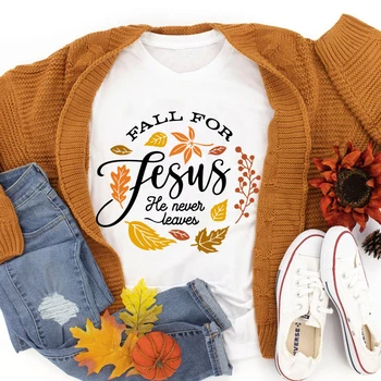 Casual Kadın Hıristiyan Tee Gömlek Üst Renkli Sonbahar İsa O Asla Yaprakları T-shirt Retro Hello Sonbahar Şükran Tshirt