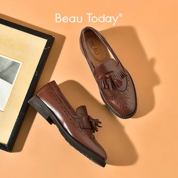 BeauToday günlük mokasen ayakkabı Kadın Buzağı Deri Brogues Ayakkabı Kanat Ucu Püskül Saçak Yuvarlak Ayak Slip-On Bayan Daireler El Yapımı A21046