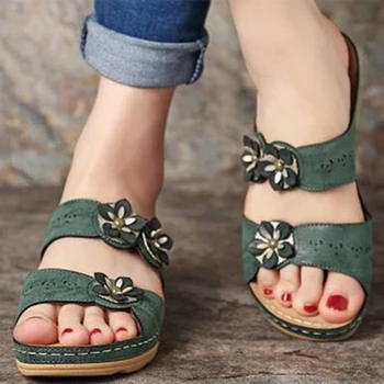 Retro kadın ayakkabısı Sandalet Kama Yaz El Yapımı Bayan ayakkabıları Deri Çiçek Bayan Flats Tarzı Rahat Düşük Topuk Ayakkabı Kadın