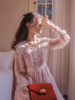 Tatlı Bayanlar Retro Yaka Çiçek Mizaç Şifon elbise Prenses çay partisi tatlı lolita elbise vintage dantel ilmek yüksek bel