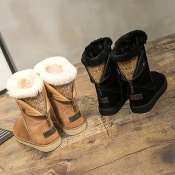 SWYIVY Kar Botları Kadın Kış Ayakkabı Mikrofiber Düz Sıcak Yün 2019 Yeni Moda Kayma Dikiş Çizmeler Kadınlar İçin Orta Buzağı Patik