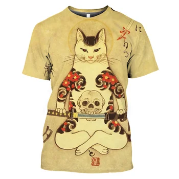 Yaz Harajuku T-shirt erkek Kedi Grafik Tees Vintage Giyim Samurai Kedi 3d Baskı T Shirt Kısa kollu Büyük Boy Gevşek Üstleri