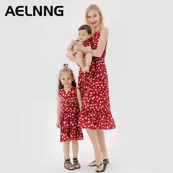 Anne Çocuk Kızı Elbiseler Kadın Seksi V Boyun Kolsuz Elbise Aile Eşleştirme Kıyafetler Bebek Kız Annem ve Ben Giyim