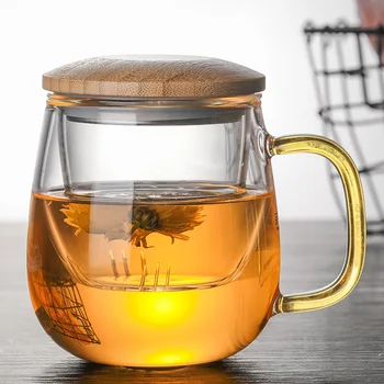Yaratıcı Cam Çay Demlik Fincan Şeffaf Filtre Kolu Bambu Kapaklı ısıya dayanıklı çiçek çay fincanı Ofis Çay Kupa Drinkware
