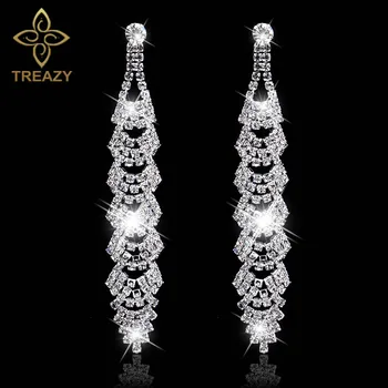 TREAZY Gelin Charm Yaprak Tasarım Uzun Küpe Sparkly Gümüş Renk Rhinestone Kristal Dangle Küpe Kadınlar İçin düğün takısı