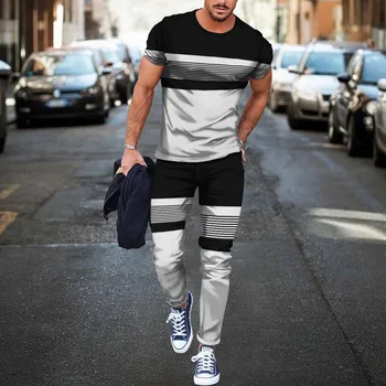 Erkek Giyim Moda Trendy erkek İki Piecestrousers Yeni Ürün 3d Dijital Baskı Pantolon-Kısa Kollu Pantolon Takım Elbise