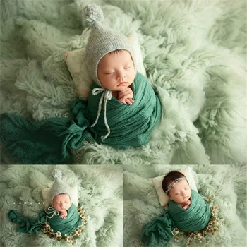 Yenidoğan Bebek Fotoğraf Sahne Yeşil Çiçek Tema Şapka sarma yastığı Yunanistan %100 % Yün Battaniye Fotografia Stüdyo Çekim Fotoğraf Prop