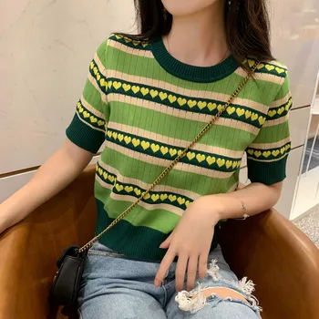 Yaz Aşk Baskı Kısa Kollu Kadın T-shirt Popüler Avokado Yeşil Örme Üstleri Kadın Yuvarlak Boyun Kalın Gevşek Dip Gömlek