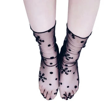 CUHAKCI Yaz Seksi Polka Dot Dantel Kısa Çorap balık ağı Siyah Fırfır Ayak Bileği Şeffaf Kadın Örgü Çorap