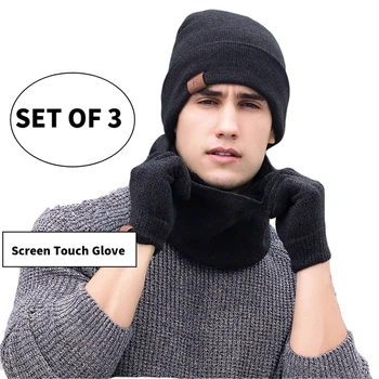BADAMANASets 3 Kış Unisex Örme bere şapkalar Erkekler Sıcak Şapka Önlük dokunmatik ekran eldiveni Kadın Bonnet Bere Kap Açık Ridi