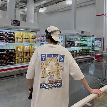 Kedi Karikatür Baskılı Erkek Gömlek Casual Baggy kısa kollu tişört Japon Tarzı Büyük Boy Erkek T Shirt Çift Üstleri Streetwear
