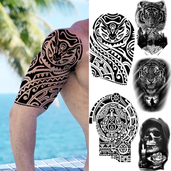 3D Siyah Hint Boğa Maori Kol İnek Geçici Dövmeler Erkekler İçin Yetişkin Kaplan Kafatası Orman Sahte Dövme Etiket Yarım Kollu Dövmeler