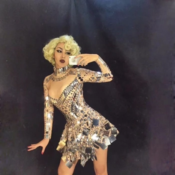 Kulübü Moda Gösterisi Şarkıcı ayna elbise sahne dans giyer Sparkly Gümüş Sequins Bodysuit Elbise Taklidi Kostüm