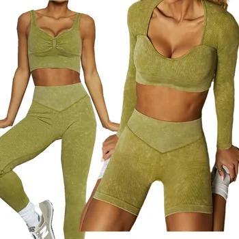 Kadınlar Yoga Setleri Spor Spor Giyim Egzersiz Uzun Kollu Kırpma Üst Dikişsiz Tayt Spor Giyim Spor Takım Elbise Eşofman Kadınlar için