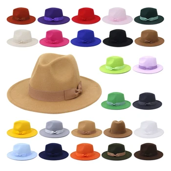 Yay fedora şapka erkekler ve kadınlar büyük ağız caz silindir şapka sonbahar ve kış düz renk yün şapka kilise Panama şapka düğün şapka