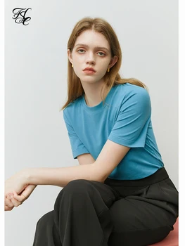FSLE Basit Tarzı Klasik Yuvarlak Boyun Kadın T-Shirt 2022 Sonbahar Temel Kısa Kollu Üstleri Gevşek Tüp Düz Renk Kadın Tees Tops
