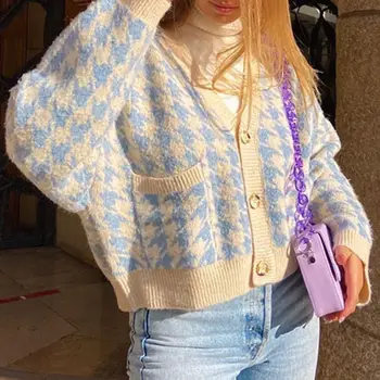 Ekose Baskı Hırka Kazak Kadınlar Uzun Kollu Kısa Örme Kazak Sonbahar Rahat V Yaka Streetwear Coats Gevşek Çekin Femme