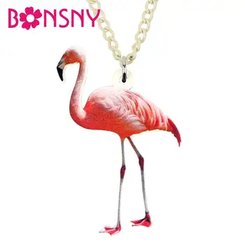 Bonsny Akrilik Pembe Flamingo Kuş Kolye Uzun Gerdanlık Moda Yenilik Takı Kadın Kız Çocuk Genç Charm Hediye Moda Dekorasyon