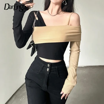 Darlingaga Kore Moda Asimetrik Patchwork Kadın T-shirt Seksi Üstleri Uzun Kollu Cut Out Kırpılmış Tee Kontrast Renk Elbise