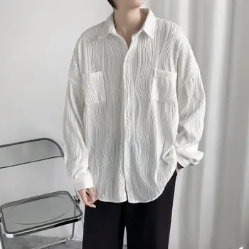 Siyah / Beyaz Pilili Gömlek Erkekler Moda Rahat Cep Uzun Kollu Gömlek Erkek Japon Streetwear Boy Buz İpek Gömlek M-2XL