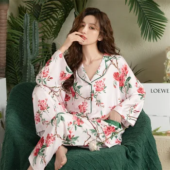 Jxgarb Çiçek Baskılı Rahat Saten Pijama Setleri Uzun Kollu Pantolon Sonbahar Zarif İpeksi Gecelik Ev Giysileri Kızlar İçin