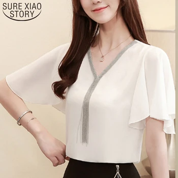 Beyaz şifon bluz Bayan Giyim V Yaka Katı Artı Boyutu Kadın Bayan Üstleri ve Bluzlar Kadın Kısa Kollu Gömlek 3897 50
