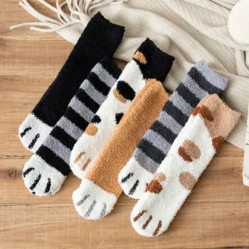 Orta Tüp Mercan Kazık Çorap Sevimli Kedi Pençeleri Sonbahar Kış Uyku Çorap Kalın Sıcak Uyku Kapalı Kat Unisex Pamuk Çorap