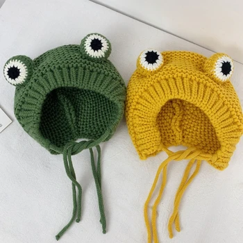 Çocuklar Bebek Kış Sıcak Tıknaz Kablo Örme Bere Şapka Sevimli Karikatür Kurbağa Şekilli Sıcak Peluş Kaplı Rüzgar Geçirmez Kış Kulaklığı Kap