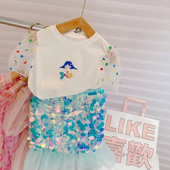 Yaz Kız giyim setleri Mizaç Sevimli Karikatür Üst Gömlek + Sequins Fishtail Etek Moda Bebek Çocuk Çocuk Giyim Takım Elbise