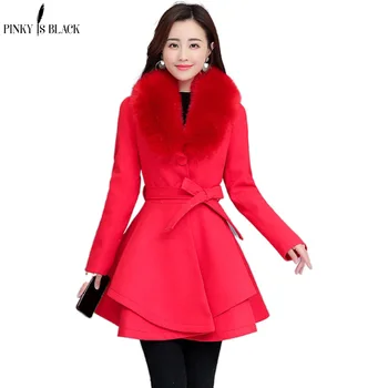 PinkyIsblack Yeni 2020 Sonbahar Kış Yün Ceket Kadınlar Uzun Zarif Yün Karışımı Palto Kadın Tatlı Tiki Büyük Kürk Ceket Dış Giyim