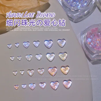 1 Kutu Tırnak Takılar Aurora Kalp Tırnak Sanat Dekorasyon 3D Şeftali Kalp Elmas Tırnak Parçaları DIY Manikür Kalp Tırnak Rhinestones