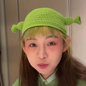Yeni Unisex Yün Canavar Shrek Şapka Cadılar Bayramı Kaput El Yapımı Kış örgü şapkalar Yeşil Parti Komik Skullies Bere Kap