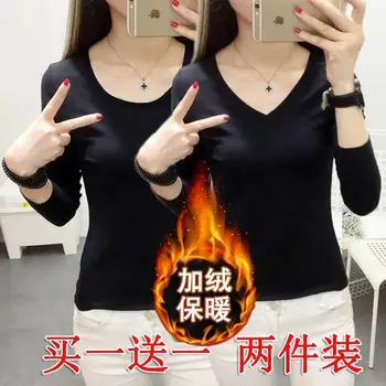 Siyah kadın yuvarlak Boyun T-shirt 2021 Kış İç Çamaşırı Uzun Kollu Kadın Tişörtleri Tops Mujer Camisetas
