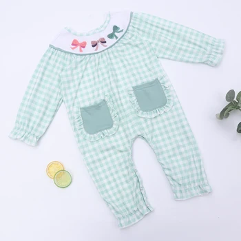 0-3 Yıl Yeni Yenidoğan Bebek Kız Açık Yeşil Tulumlar Uzun Kollu Tulum Yay Nakış Sonbahar Kış Tek parça Pijama