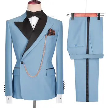 2022 Tailor Made Açık Mavi Damat Smokin Resmi Kruvaze Erkek Takım Elbise Balo Düğün Parti Erkek Takım Elbise Kostüm (ceket + Pantolon)
