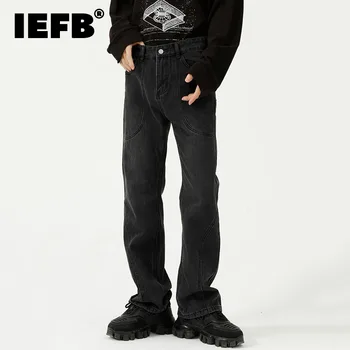 IEFB Moda erkek Kişilik Basit Eklenmiş Tasarım Siyah Kot Yeni Orta Bel Düz Kot Uzun pantolon Gelgit Sonbahar Kış 2023