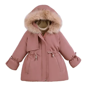 2022 Yeni Uzun Kollu Kızlar Katı Palto Sıcak Çocuklar Kış Giyim Çocuk Fermuar Bel Kalınlaşmış Kürk Yaka Aşağı Ceket 3-6 yıl