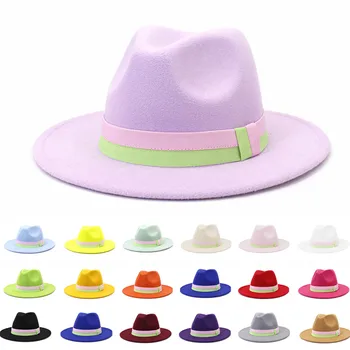 Fötr şapkalar Kadın Erkek Yeşil Pembe Patchwork Kemer Keçe güneş şapkası Yeni Moda Geniş Brim Panama Fötr Kap Toptan